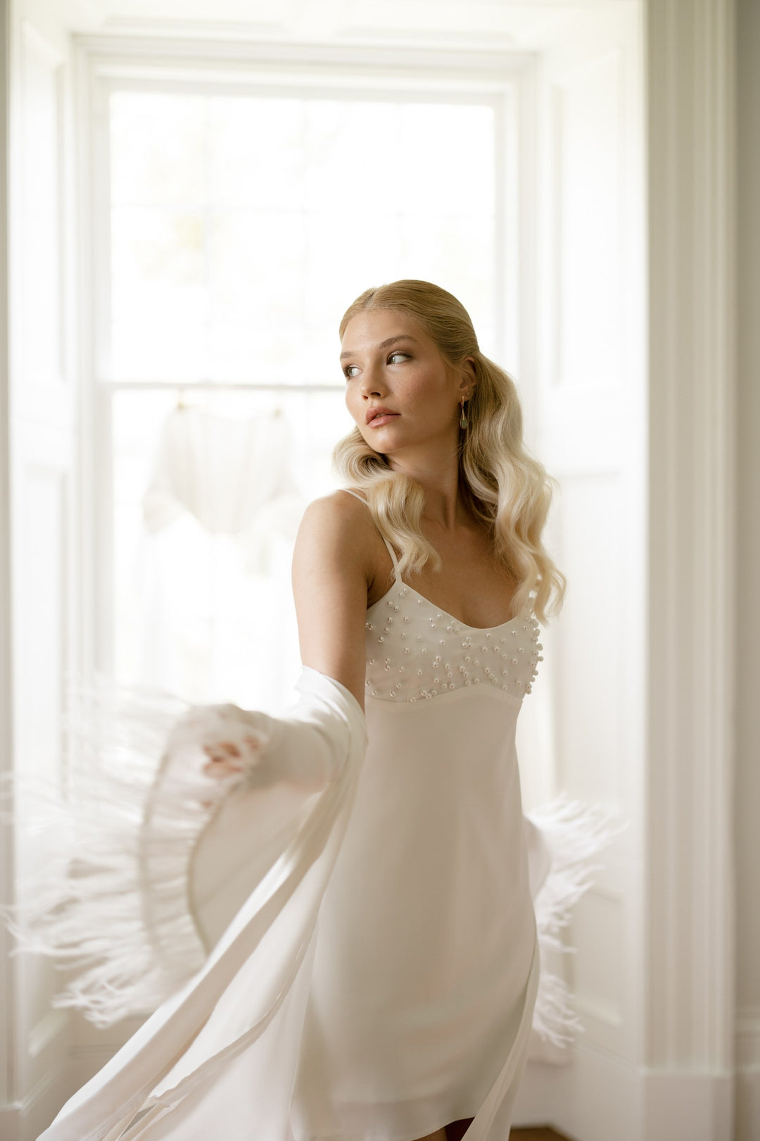Honeymoon ivory bridal morning mini dress with PEARLS